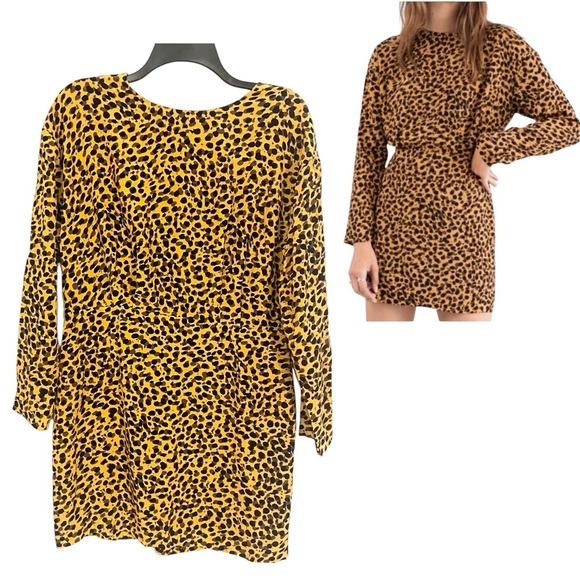& Other Stories Long Sleeve Leopard Print Mini Dress Size 10 Gold Black Cheetah - Picture 1 of 7